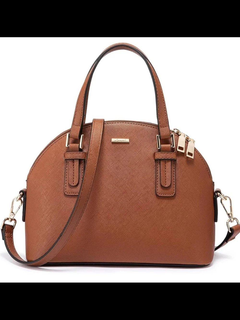 Lovevook Structured Tan Dome Satchel Saffiano Vegan Handbag with Gold Hardware